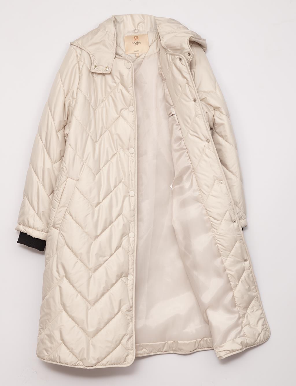 Zigzag Quilted Hooded Short Inflatable Coat Stone
