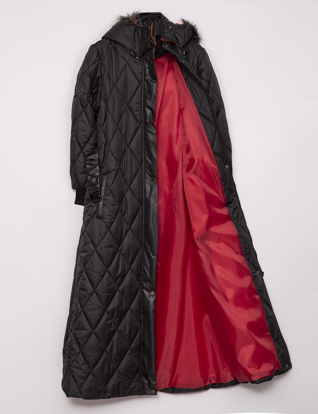 Diamond Pattern Ribbed Inflatable Coat Black