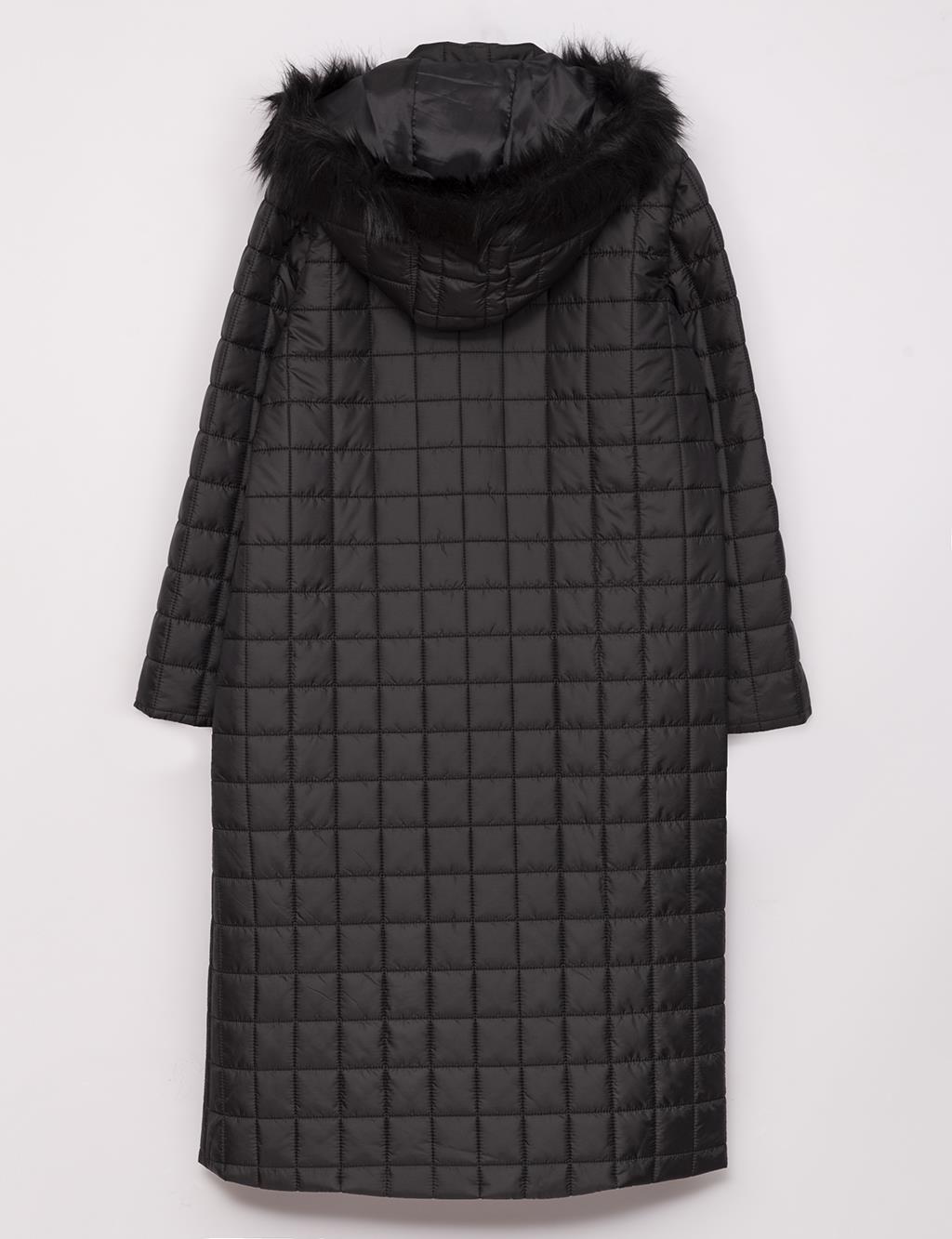 Fur Hooded Checkered Quilted Coat Black