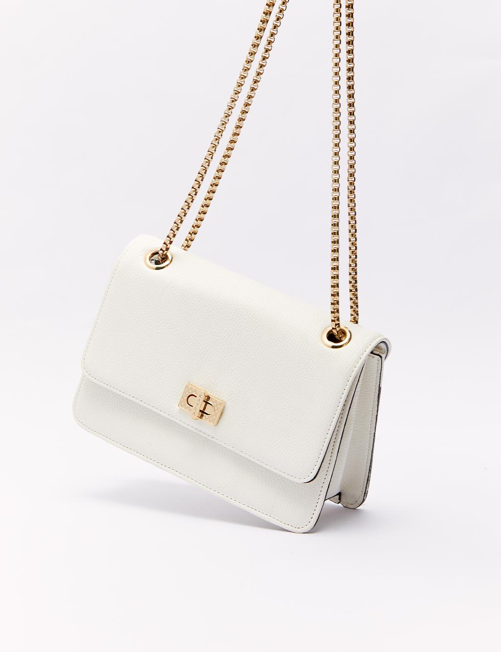 Lock Detailed Rectangle Bag White