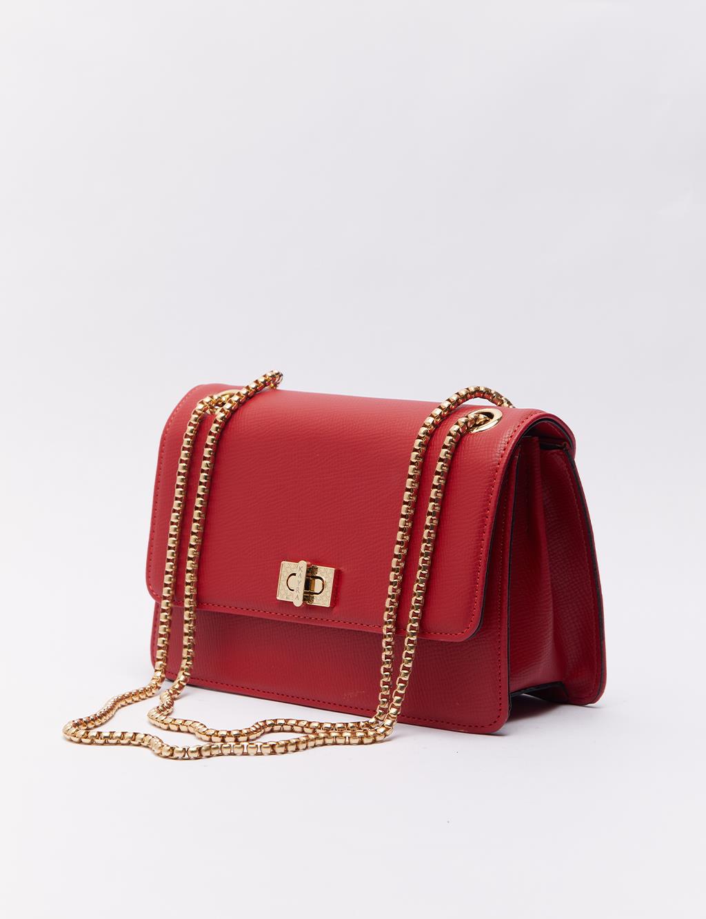 Lock Detailed Rectangle Bag Red