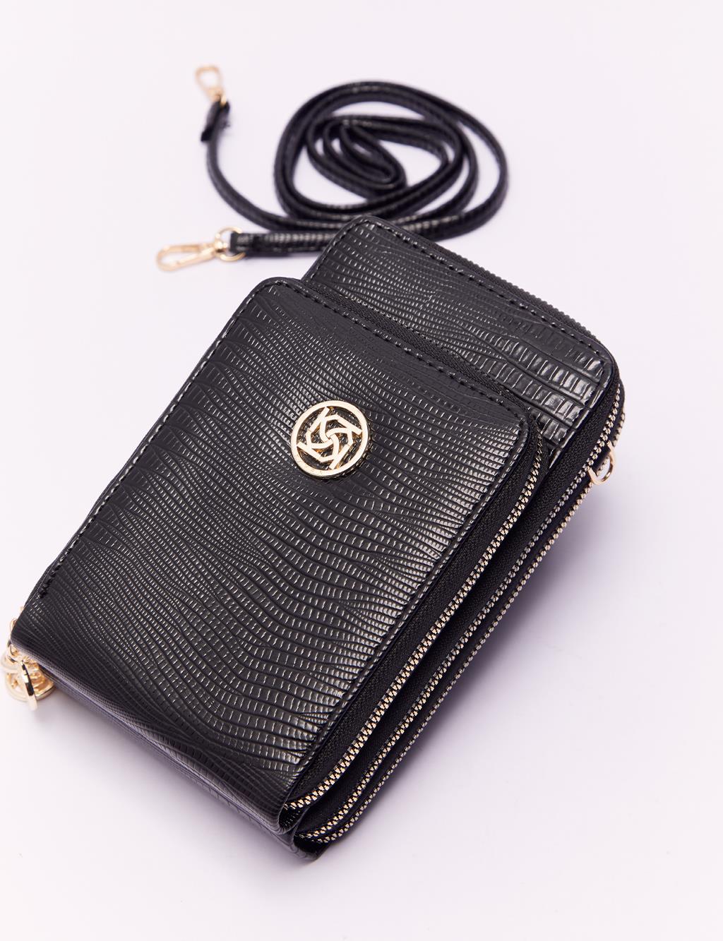 Three Compartments Iguana Leather Wallet Bag Black