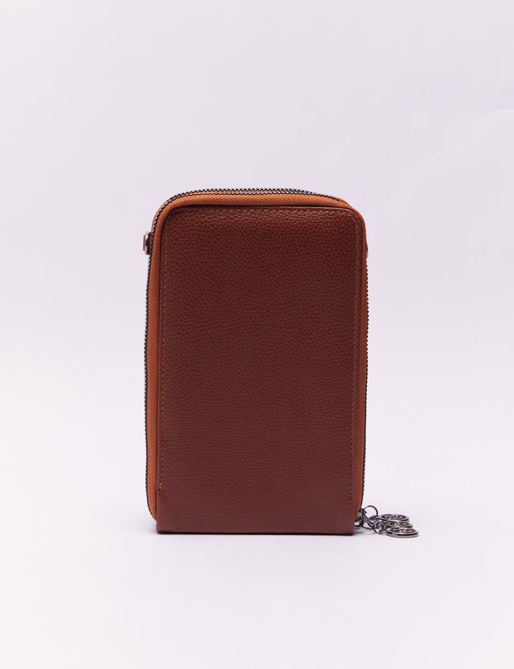 Three Compartment Natural Leather Wallet Bag Tobacco