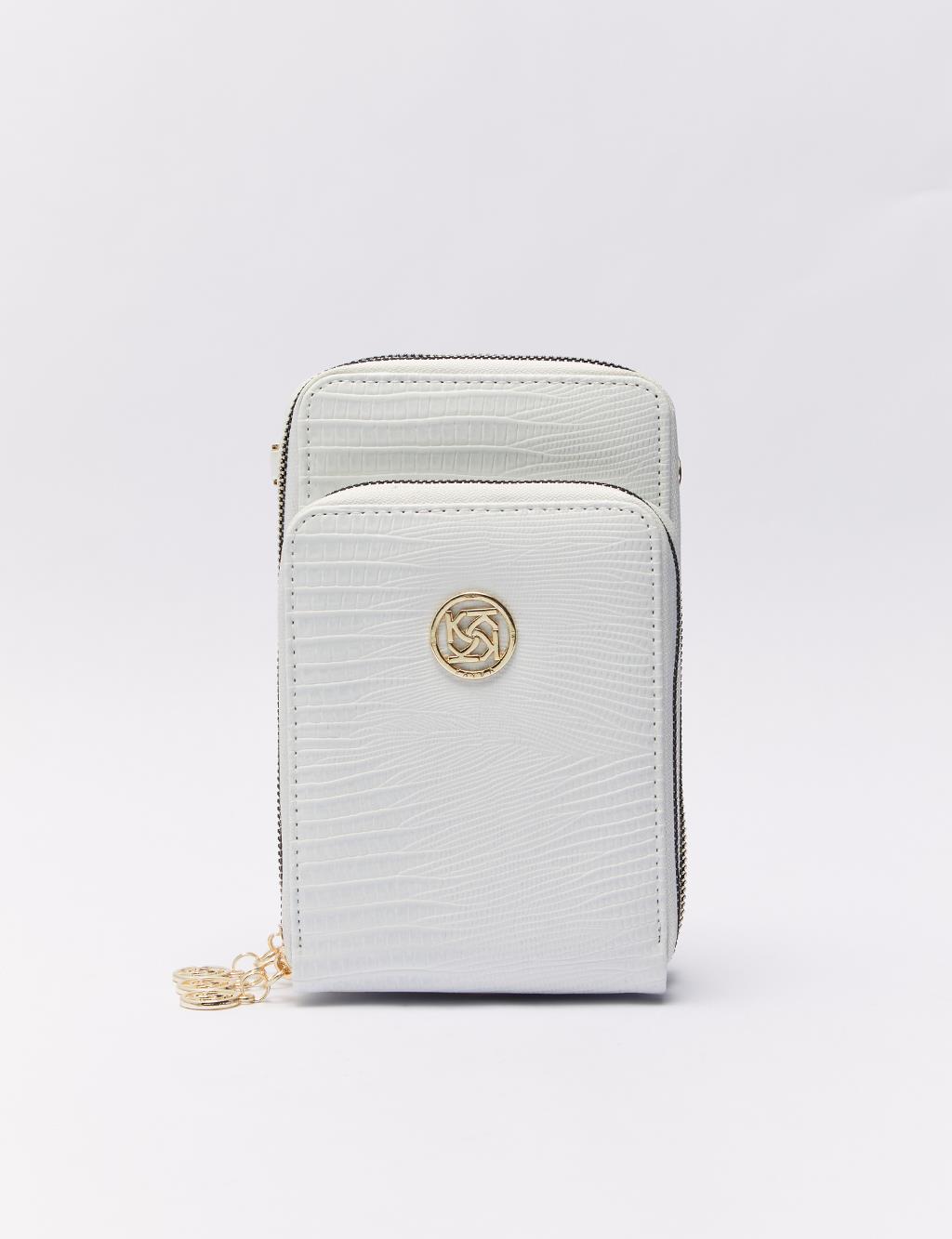 Three Compartments Iguana Leather Wallet Bag White