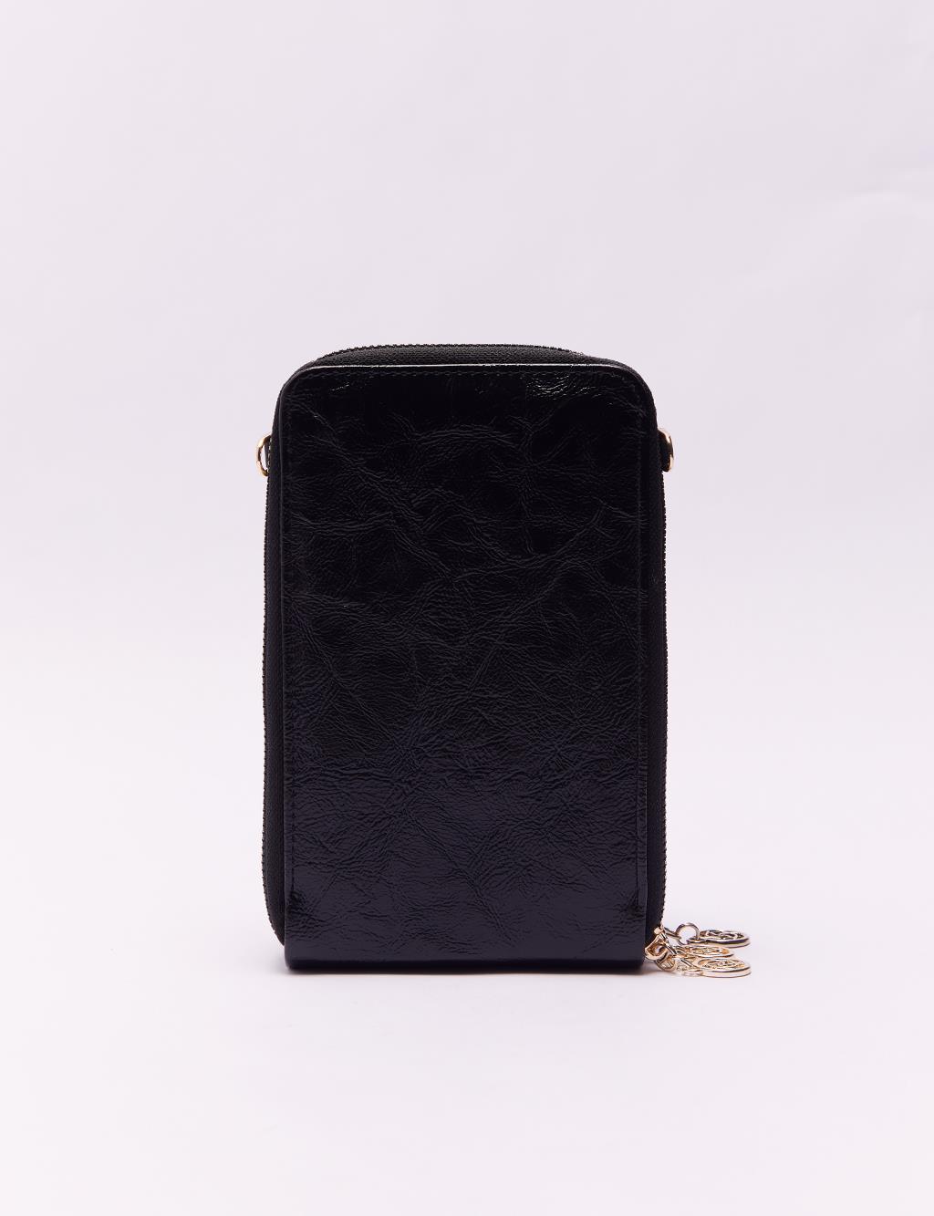 Three Compartments Wrinkled Patent Leather Wallet Bag Black