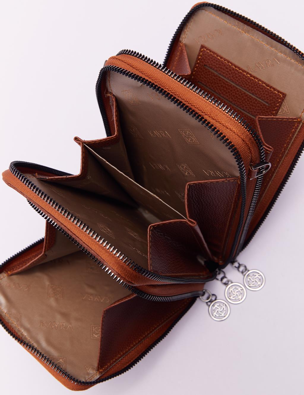 Three Compartment Natural Leather Wallet Bag Tobacco