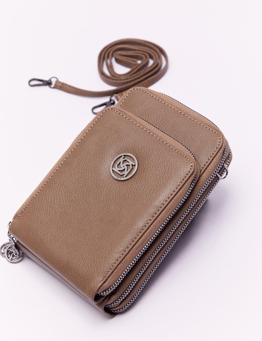 Three Compartment Natural Leather Wallet Bag Mink