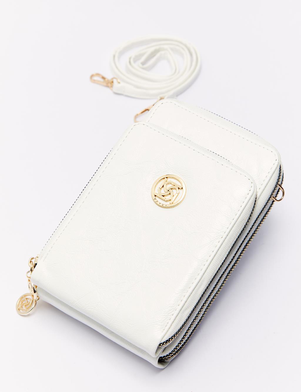 Three Compartments Wrinkled Patent Leather Wallet Bag White