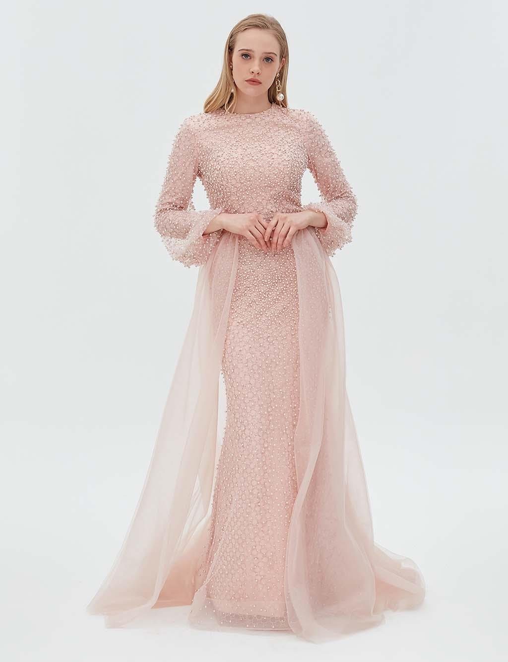 Pearl Embroidered Cape Evening Dress Powder