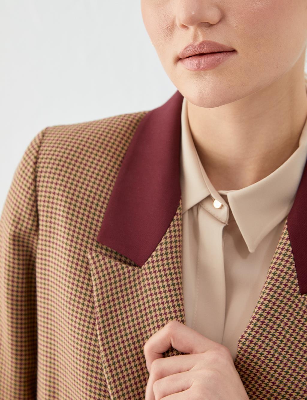 Houndstooth Patterned Double Breasted Jacket Brown-Cream