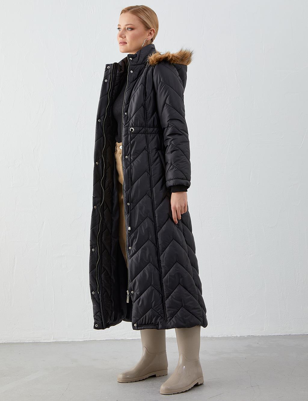Waist Pleated Zigzag Quilted Inflatable Coat Black