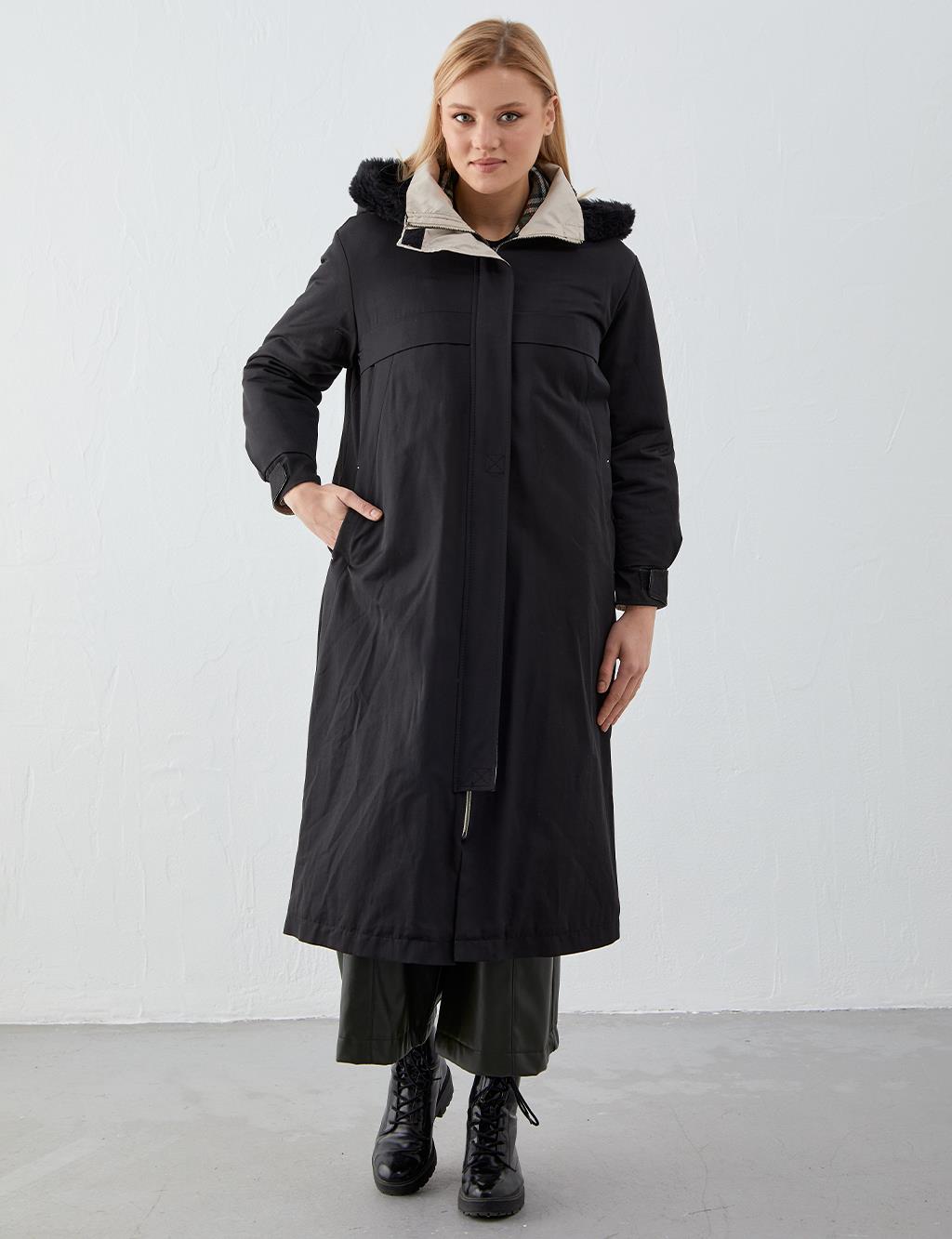 Furry Hooded Inflatable Coat Black