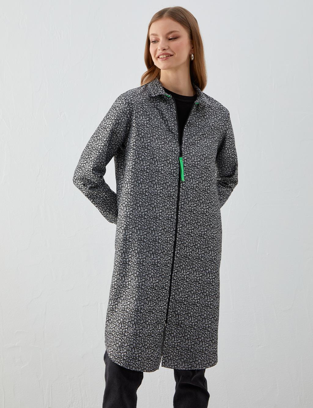 Zipper Closure Patterned Tunic Black-White