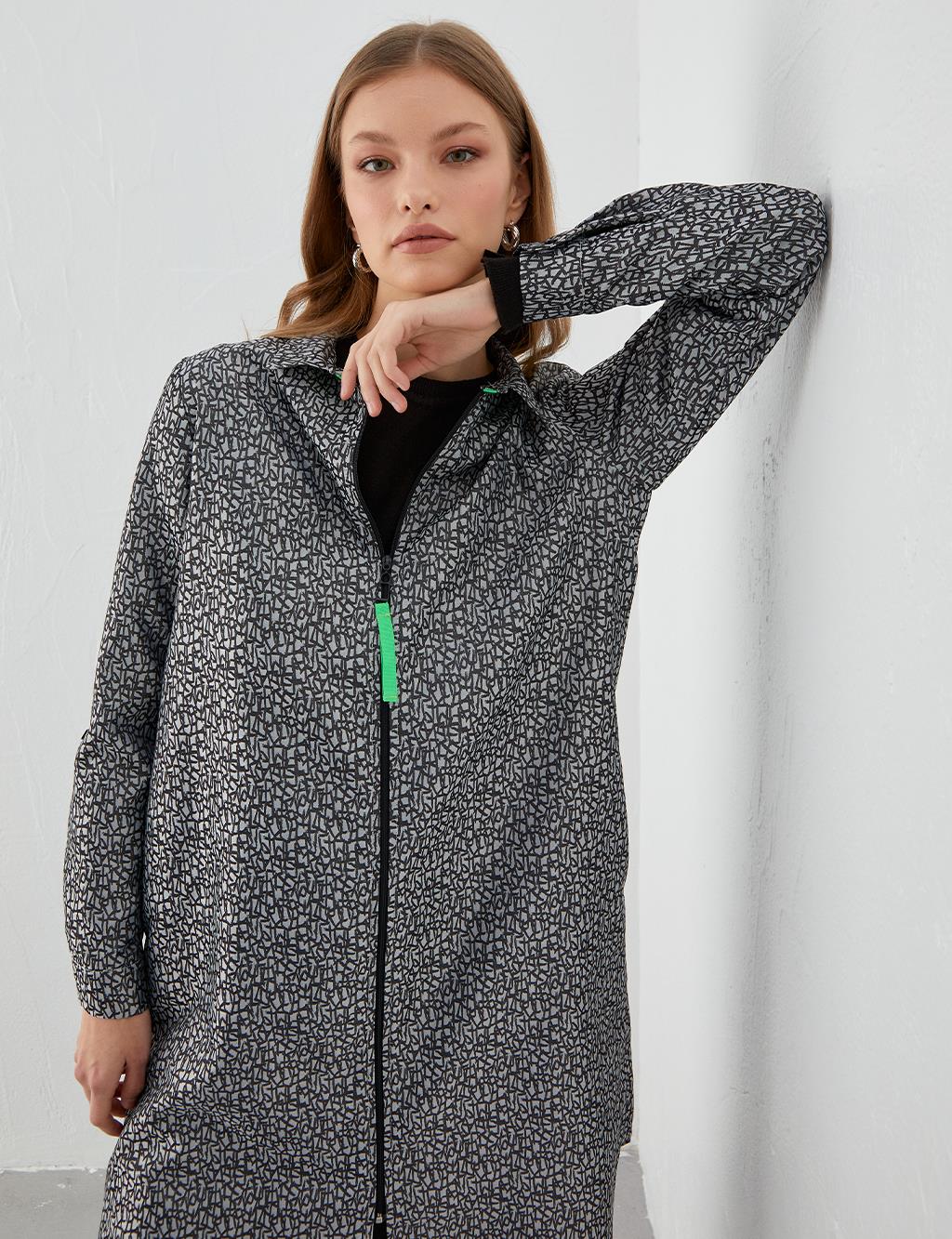 Zipper Closure Patterned Tunic Black-White