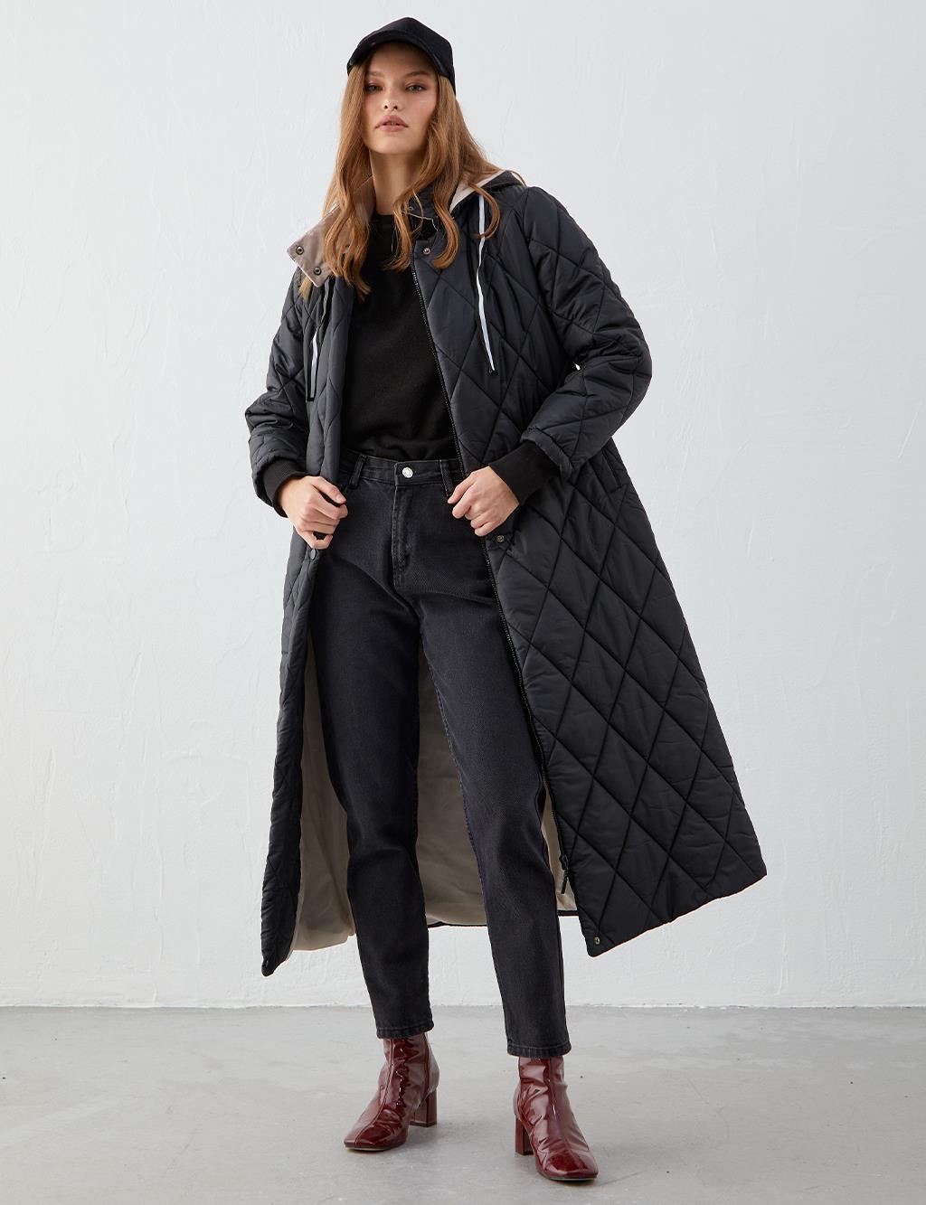 Diamond Pattern Quilted Inflatable Coat Black