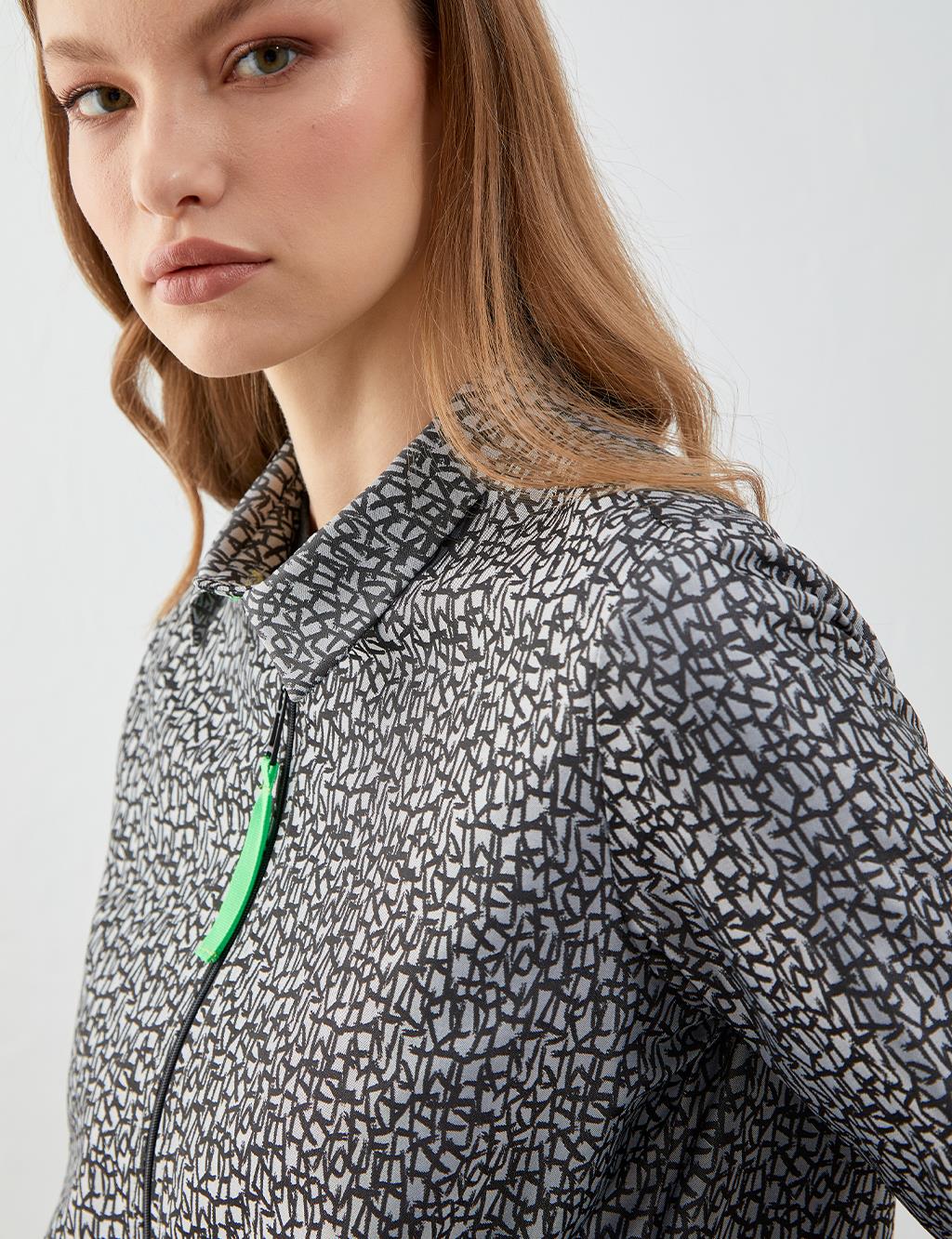 Zipper Closure Patterned Tunic Black-White