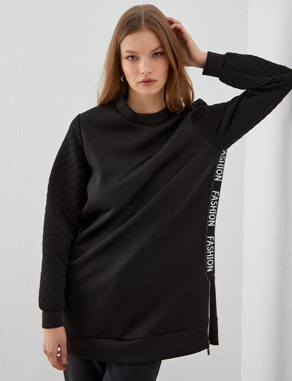 Baskılı Şerit Detaylı Sweatshirt Siyah
