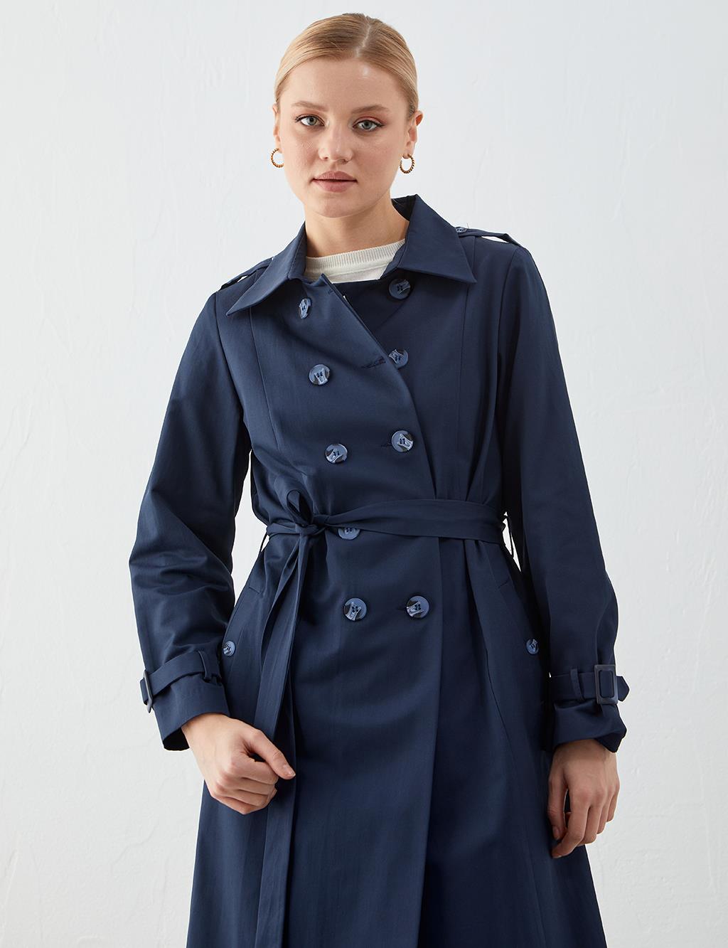 Double Buttoned Double Breasted Trench Coat Navy