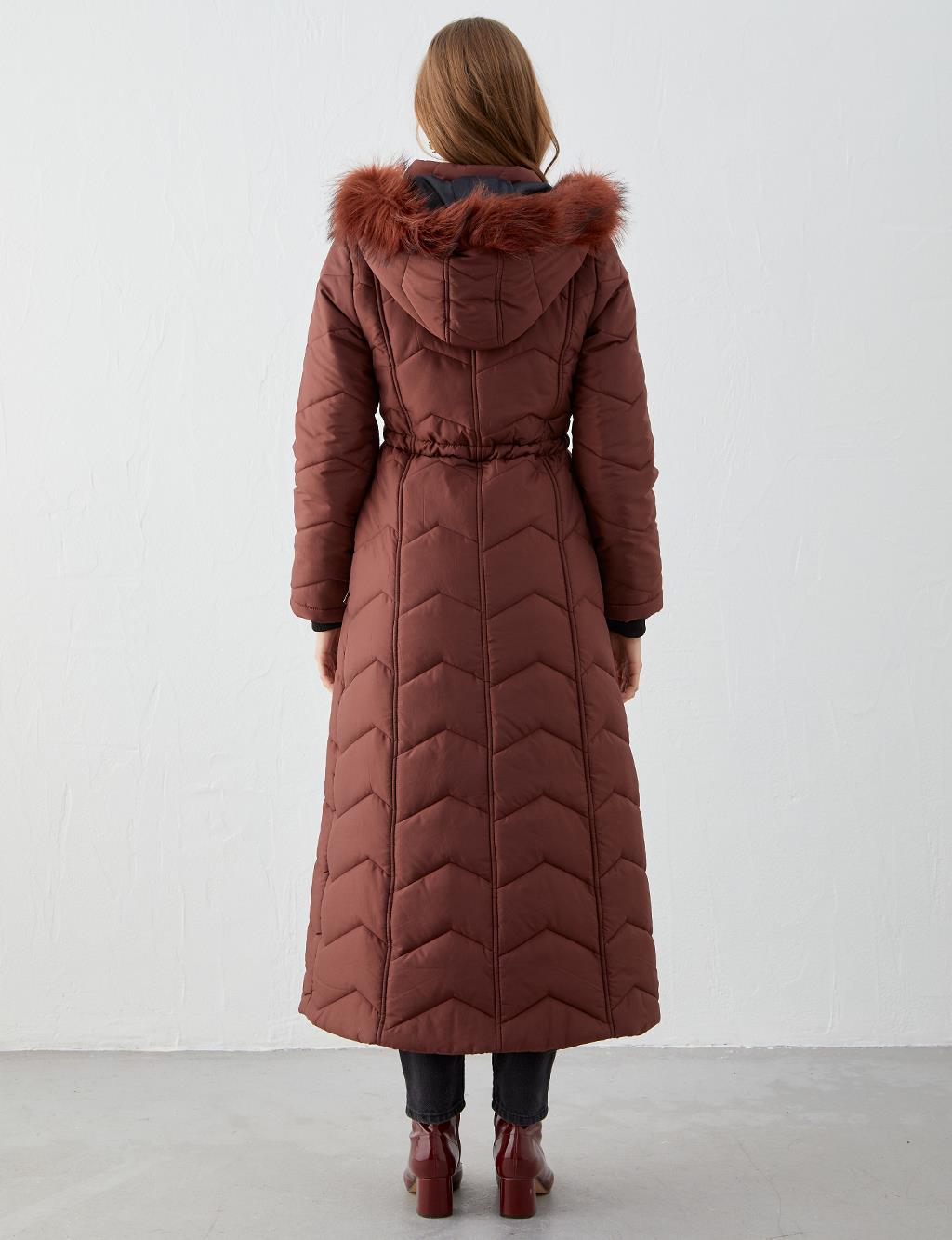 Waist Pleated Zigzag Quilted Inflatable Coat Plum