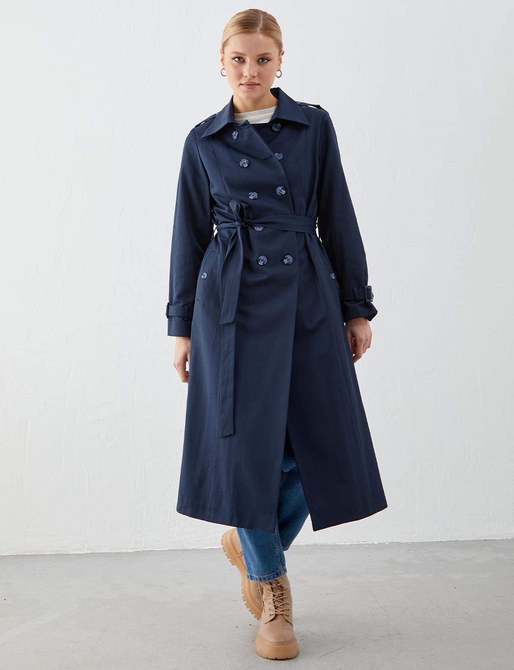 Double Buttoned Double Breasted Trench Coat Navy