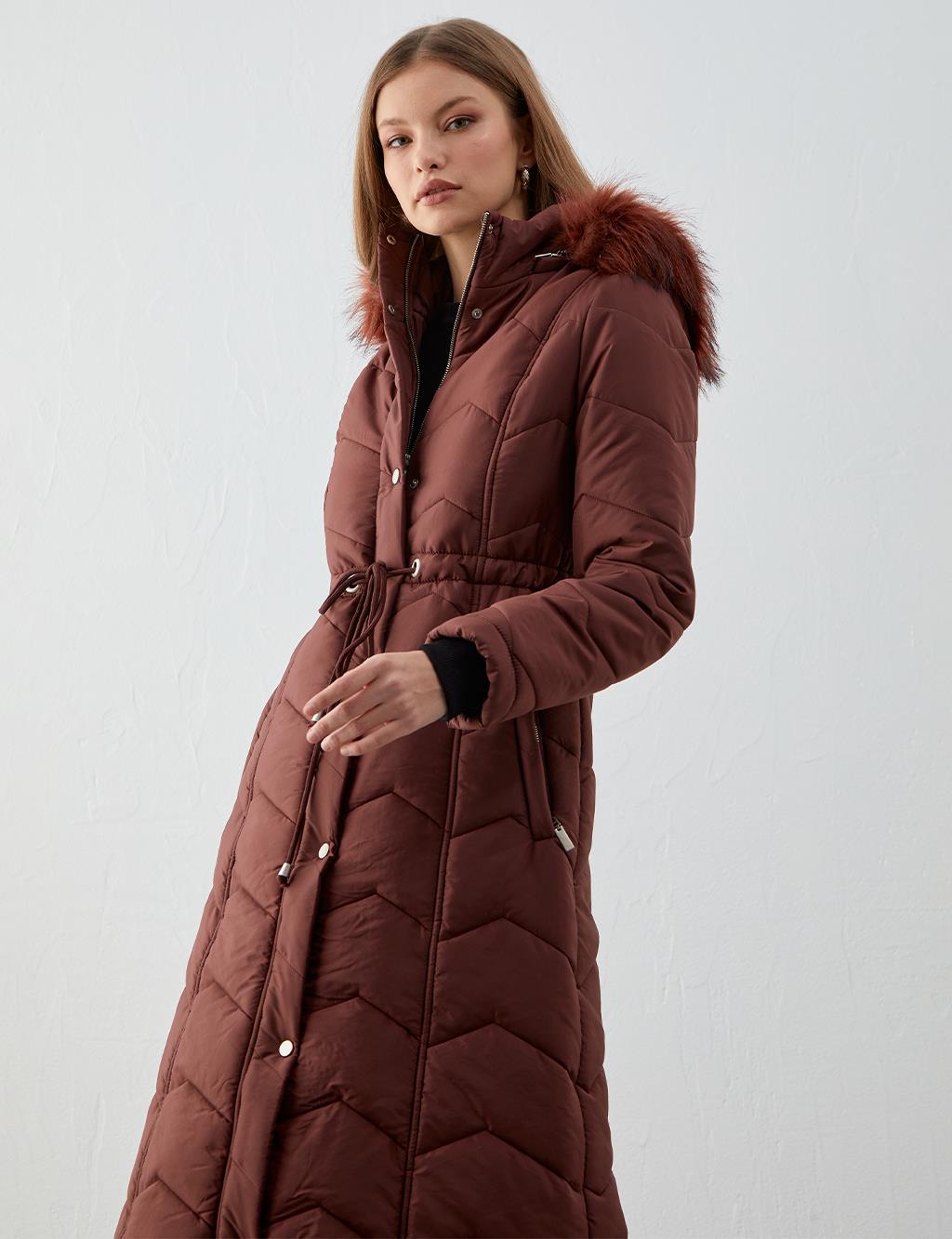 Waist Pleated Zigzag Quilted Inflatable Coat Plum