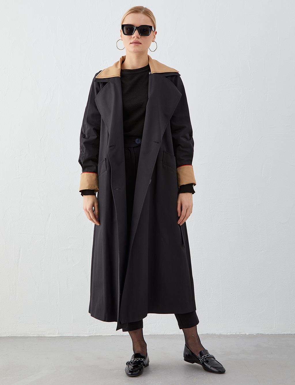 Wide Collar Belted Trench Coat Black