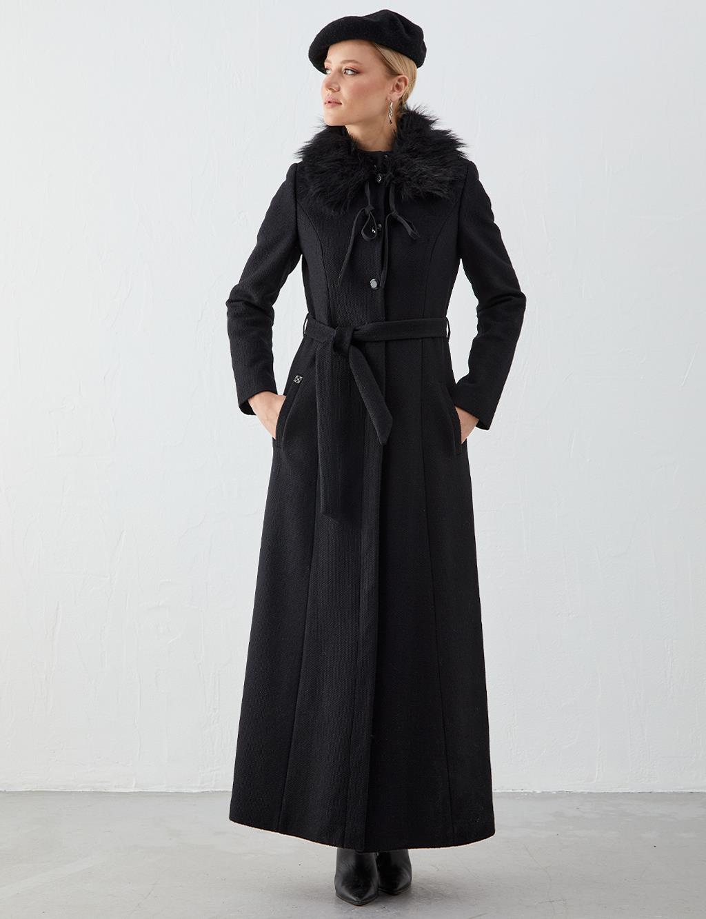 Fur Collar Full Length Cachet Coat Black