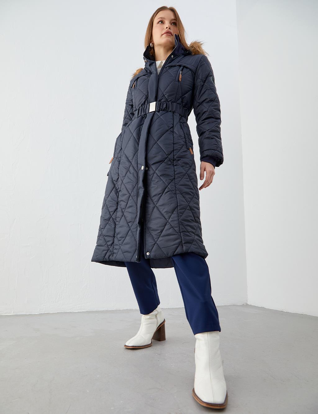 Diamond Patterned Quilted Inflatable Coat Dark Navy