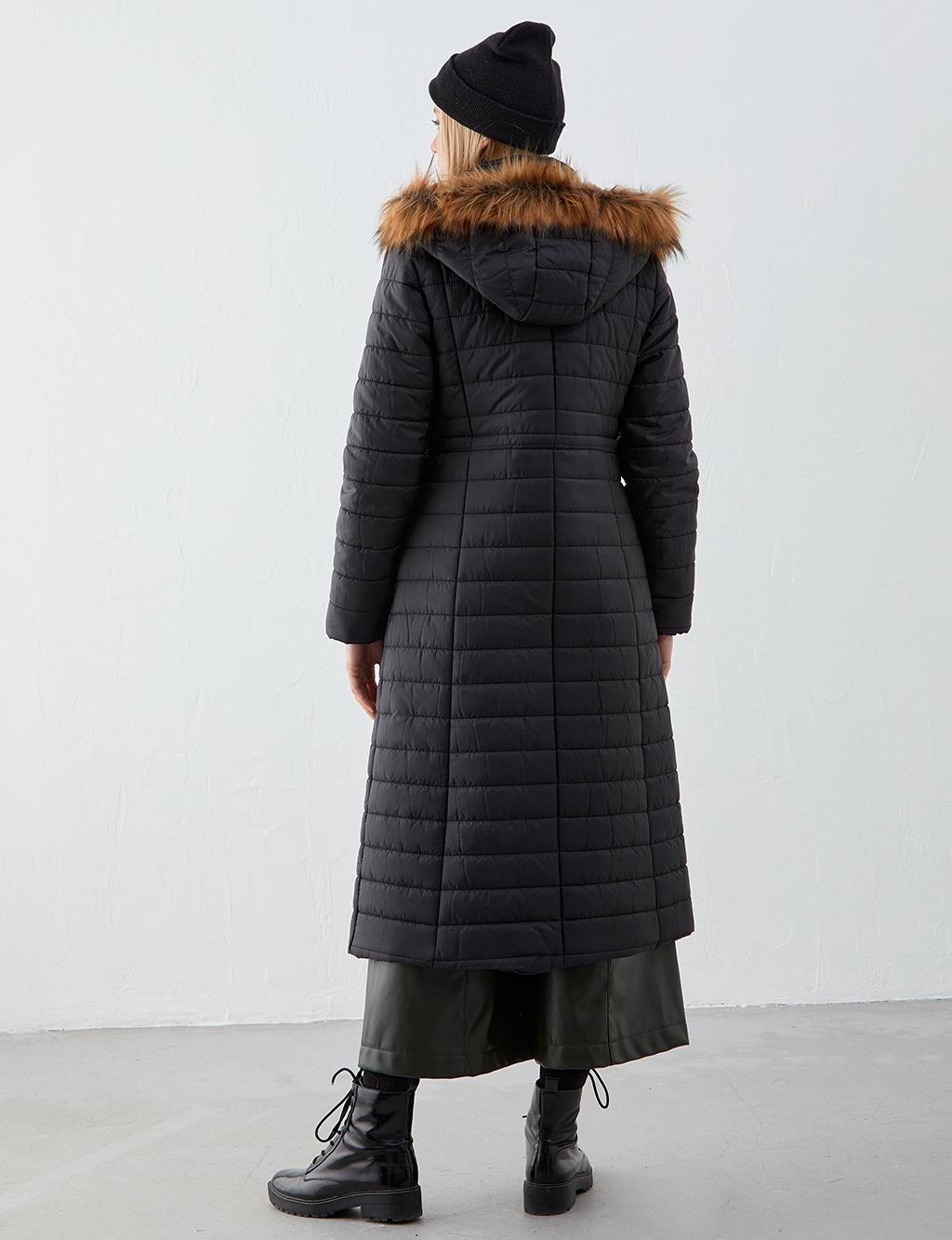 Fur Collar Quilted Down Jacket Black