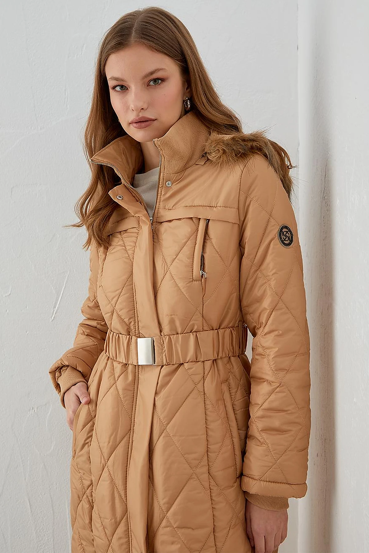 Diamond Quilted Puffer Coat Beige