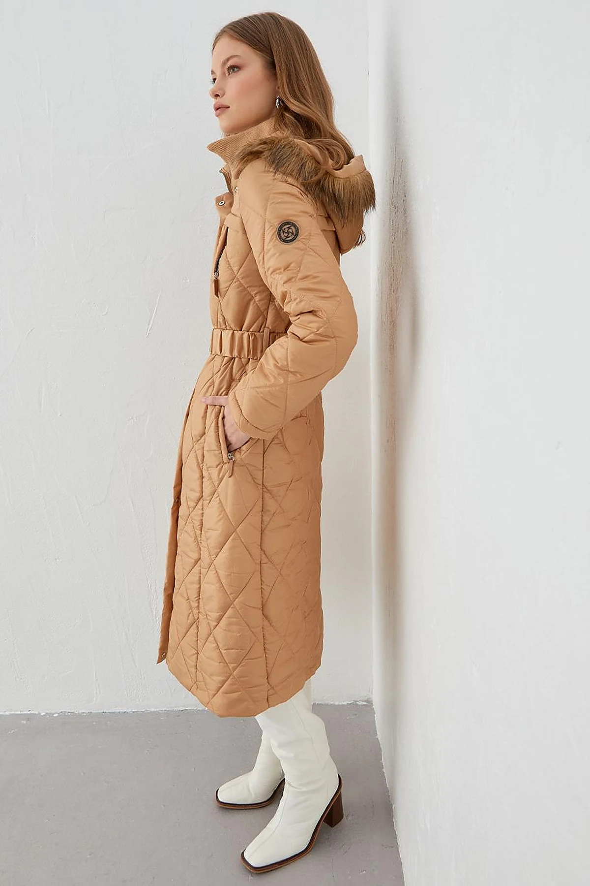 Diamond Quilted Puffer Coat Beige