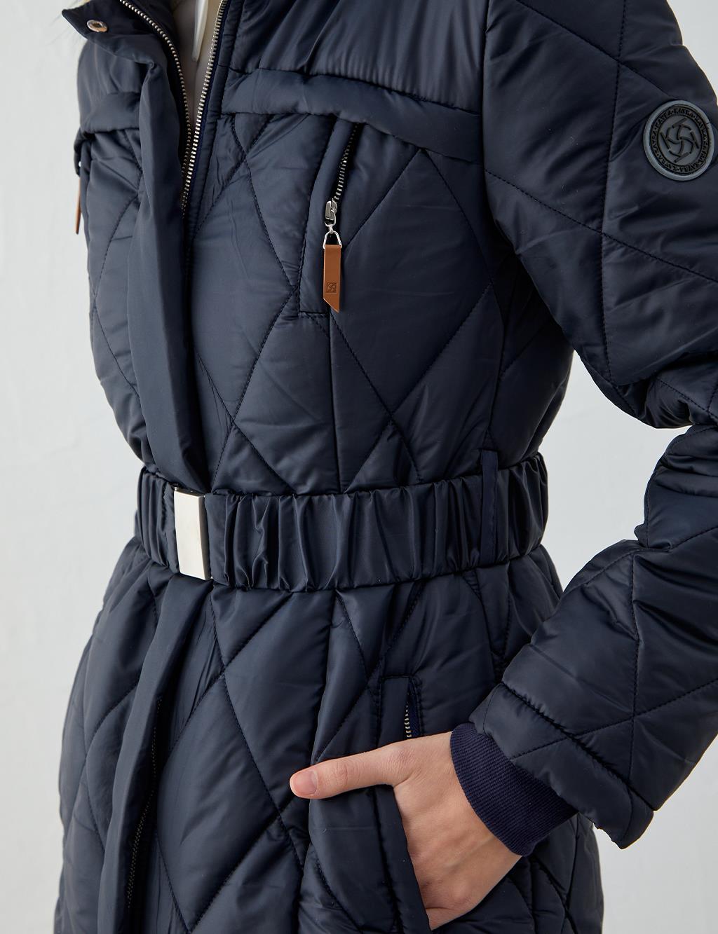 Diamond Patterned Quilted Inflatable Coat Dark Navy