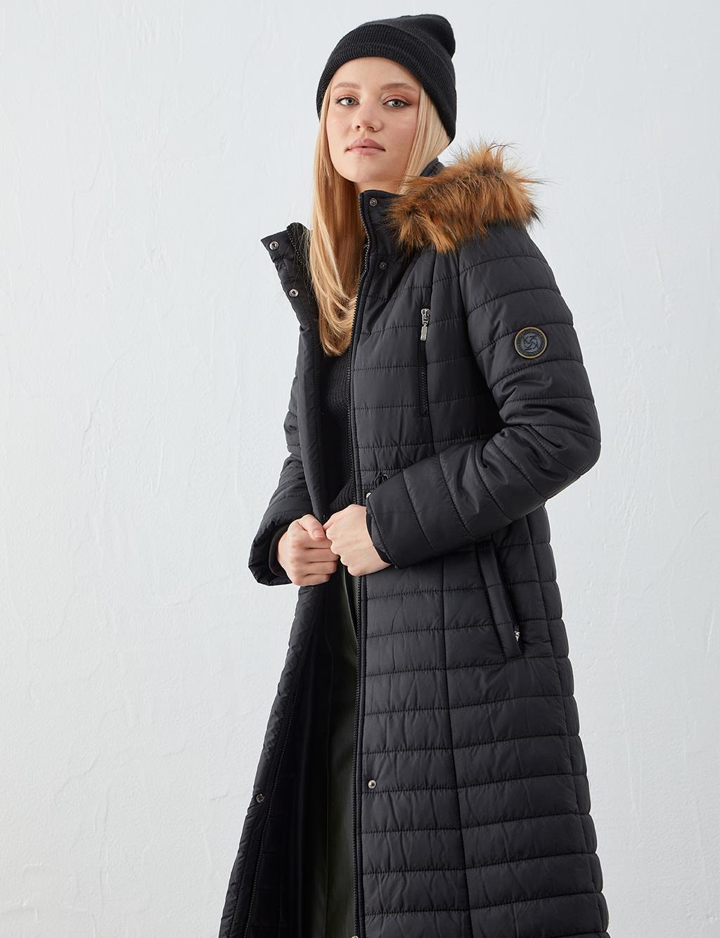 Fur Collar Quilted Down Jacket Black