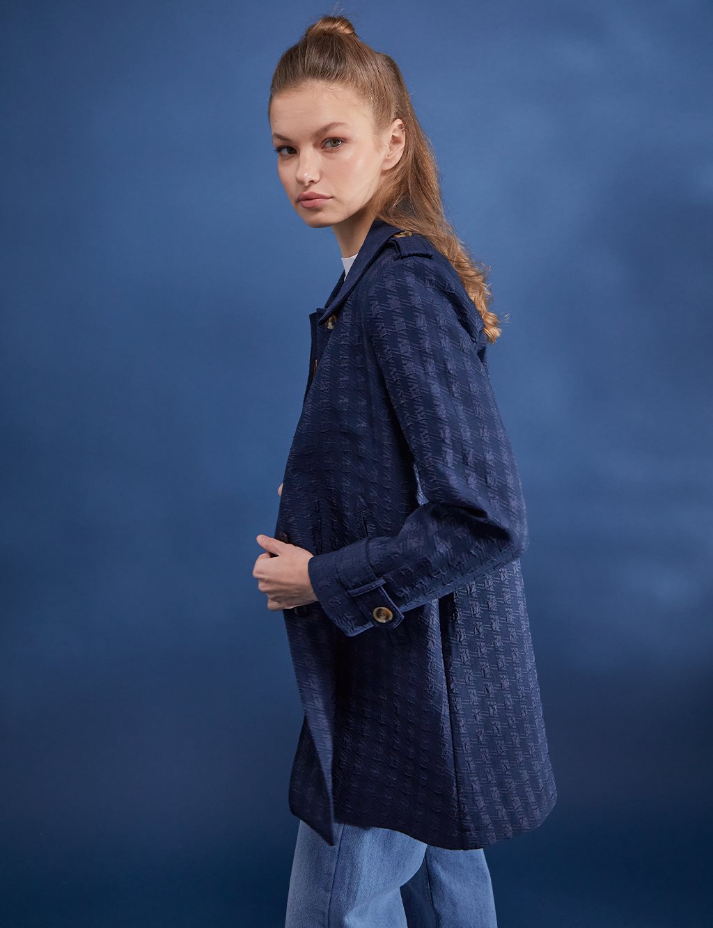 Houndstooth Patterned Short Trench Coat Navy