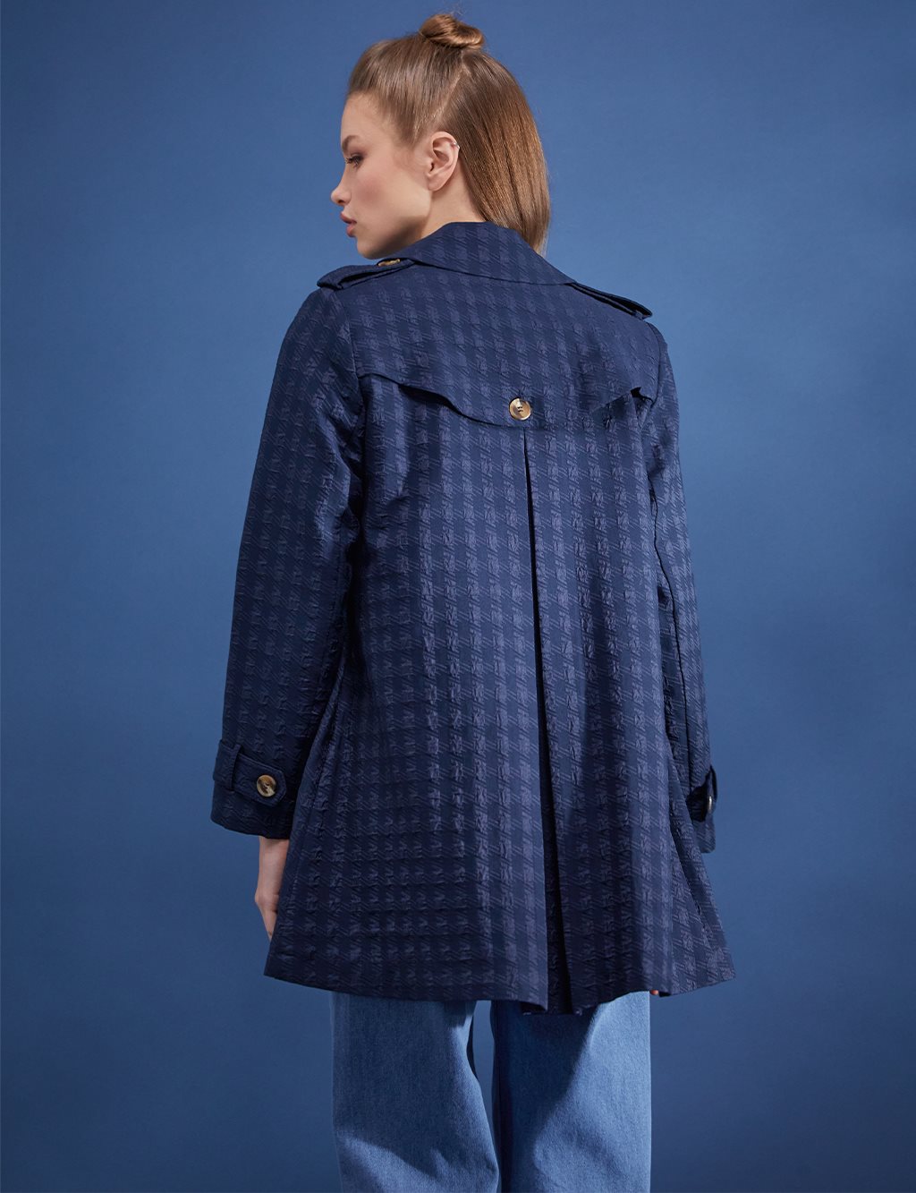 Houndstooth Patterned Short Trench Coat Navy