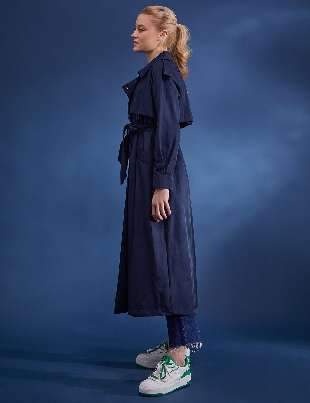 Windbreaker and Sash Detailed Long Trench Coat Navy