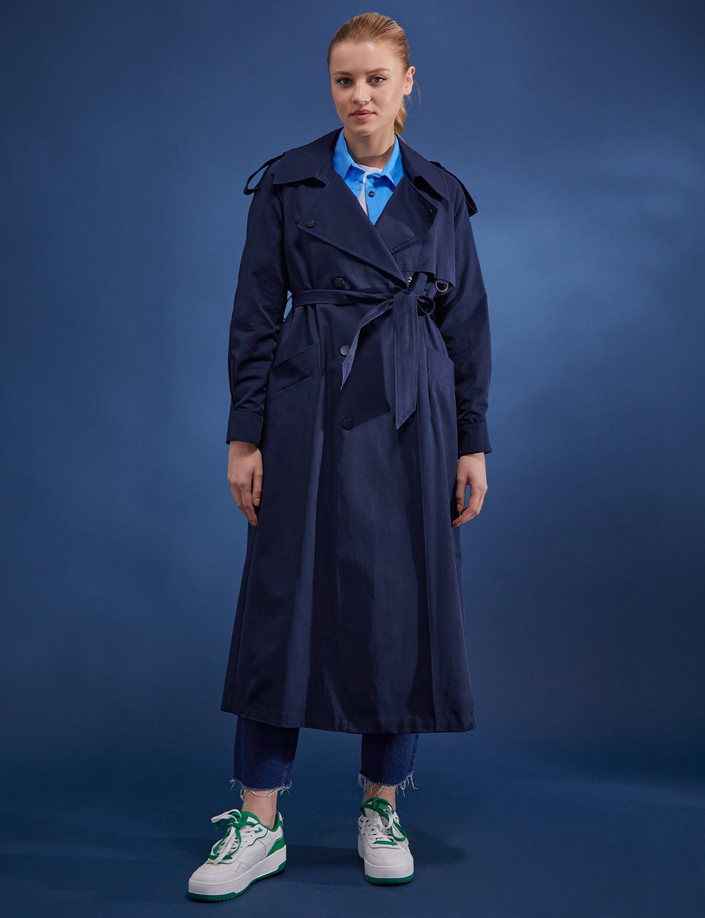Windbreaker and Sash Detailed Long Trench Coat Navy