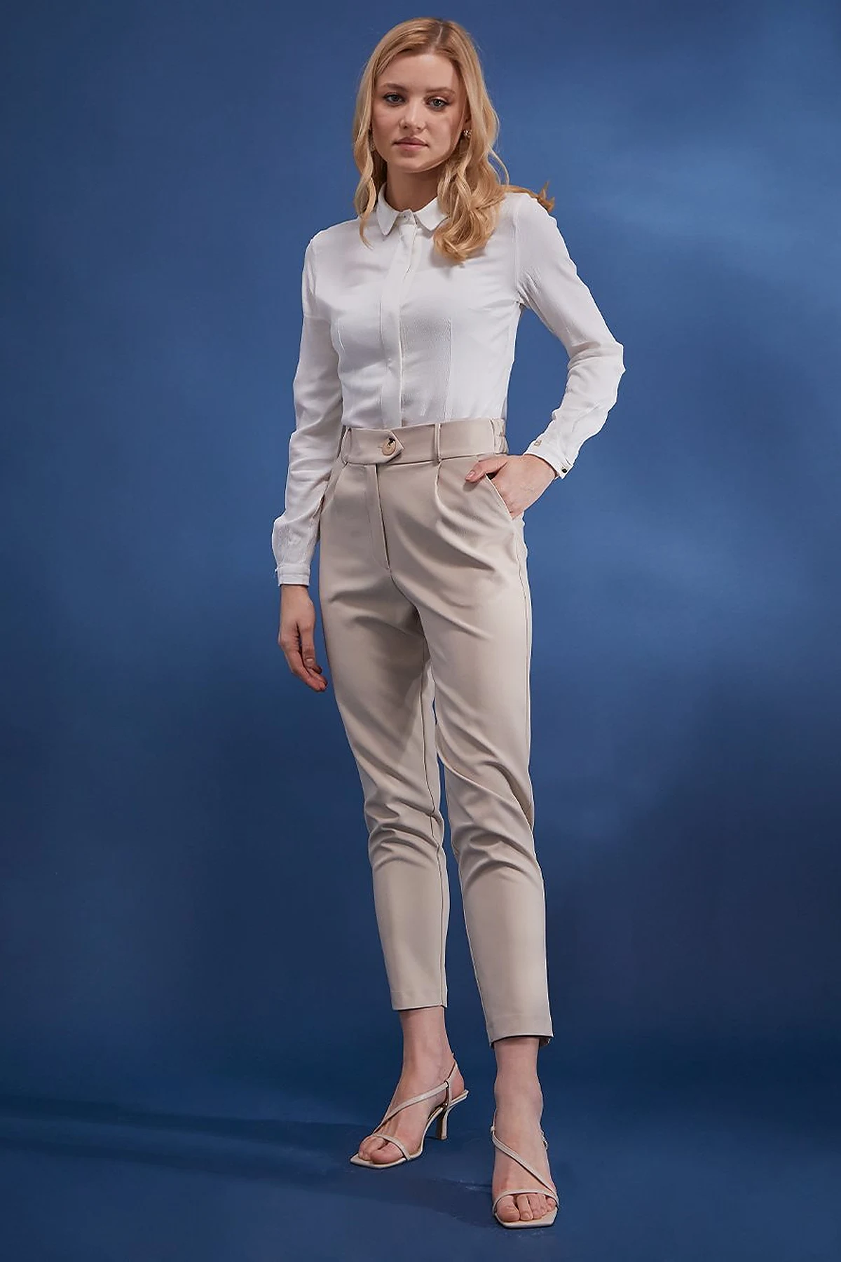 Beli Lastikli Slouchy Pantolon Bej