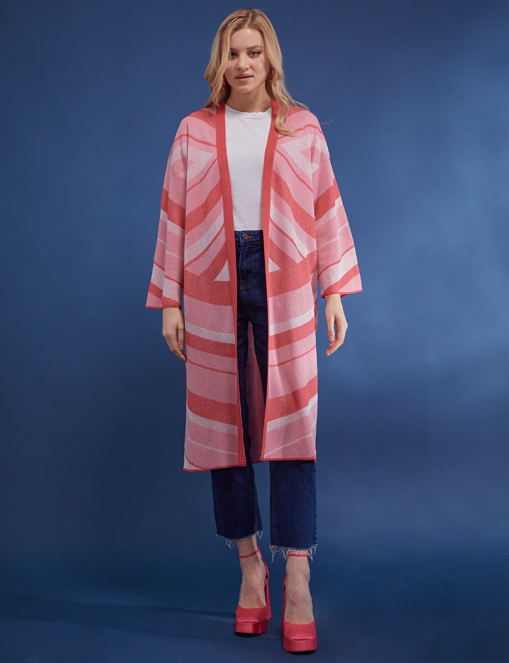 Abstract Patterned Knitwear Kimono Fuchsia