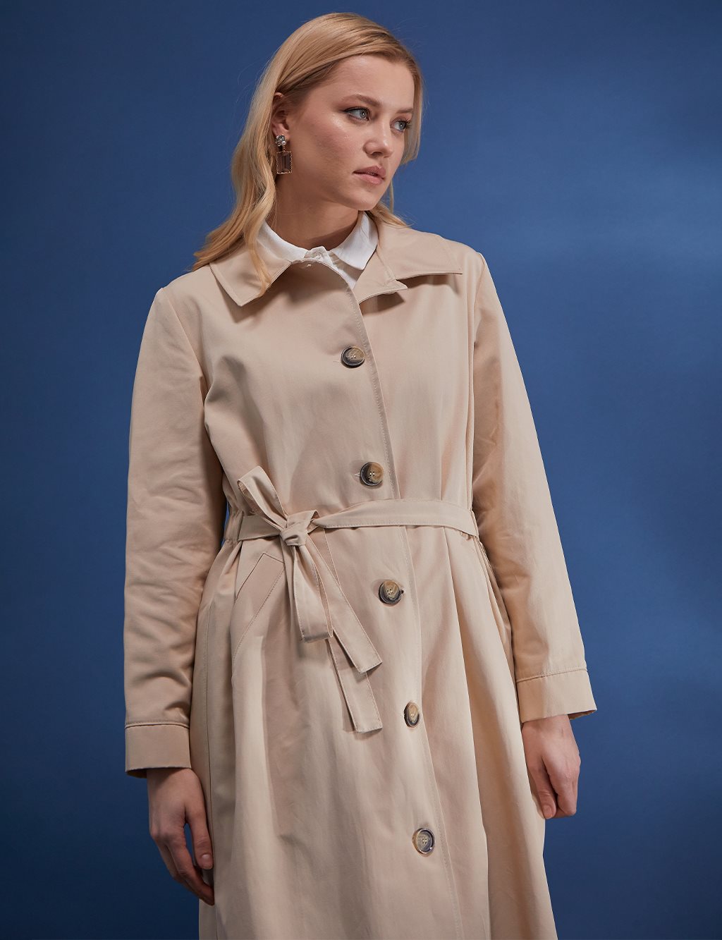 Belted Bone Button Trench Coat Sand Beige