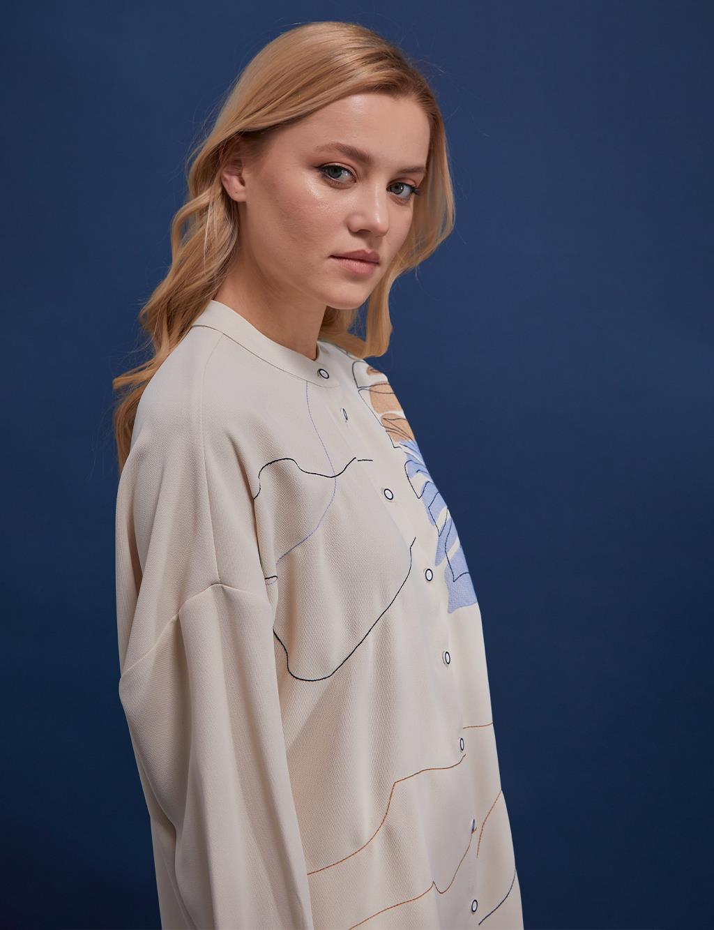 Yaprak Motifli Hakim Yaka Gömlek Krem