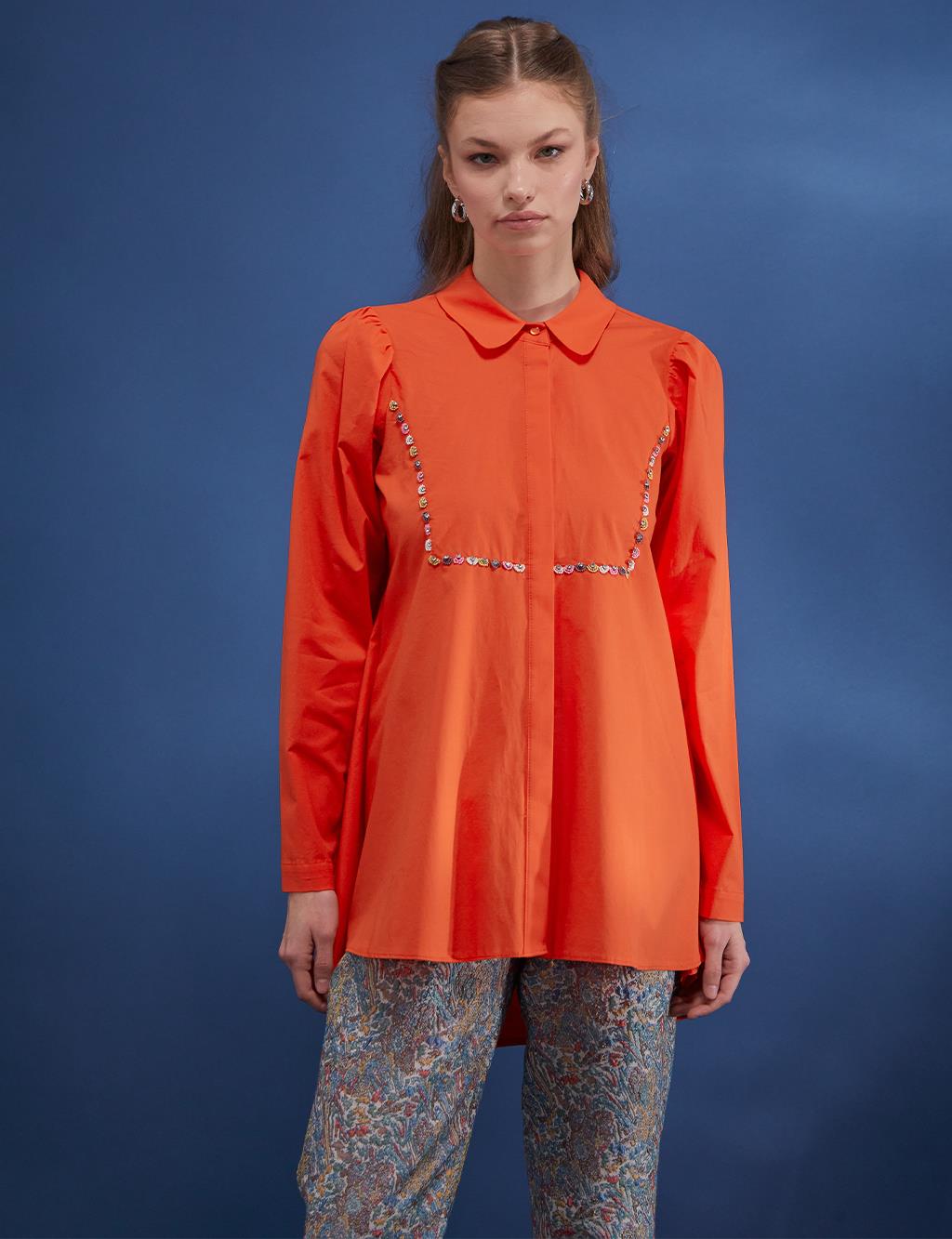 Bead Embellished Back Pleated Tunic Coral