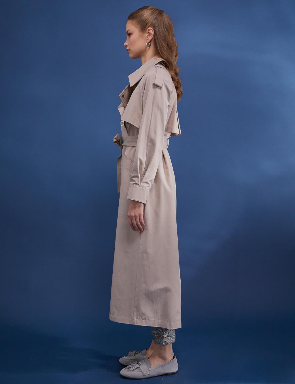 Windbreaker and Sash Detailed Long Trench Coat Clay