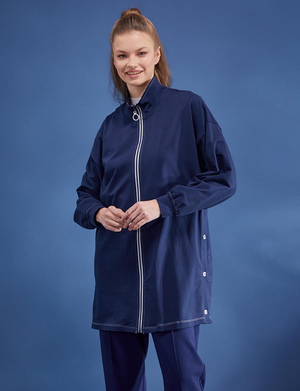 Punto Stitched Grandad Collar Sweatshirt Dark Navy