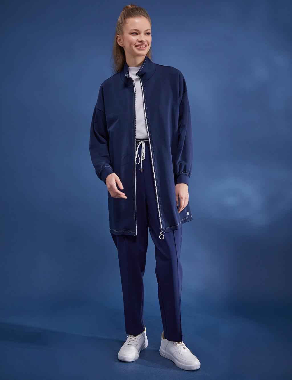 Punto Stitched Grandad Collar Sweatshirt Dark Navy