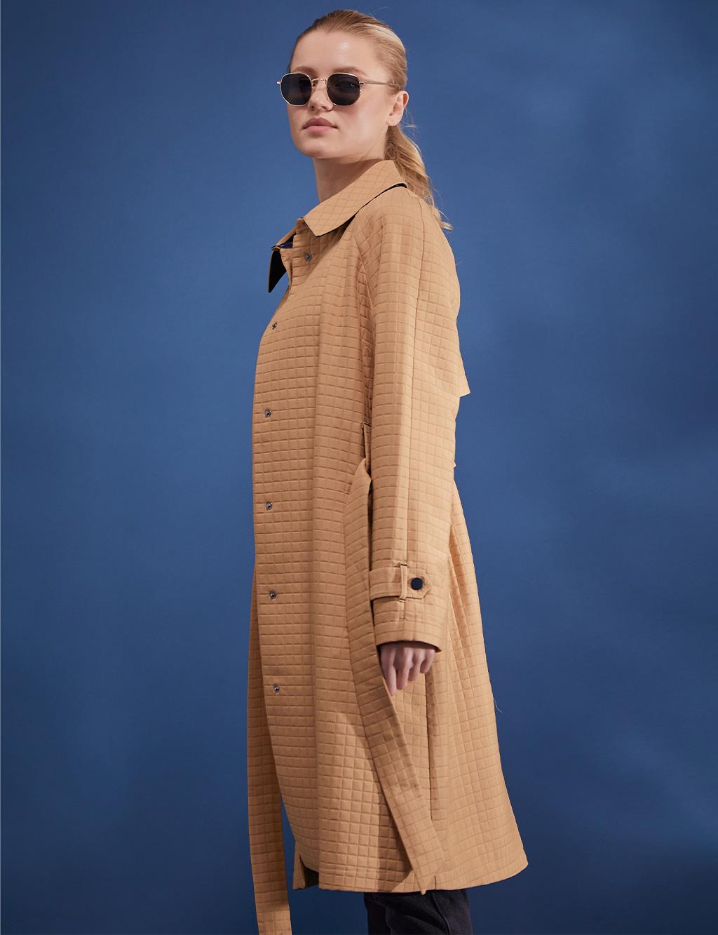 Snap Closure Quilted Trench Coat Camel