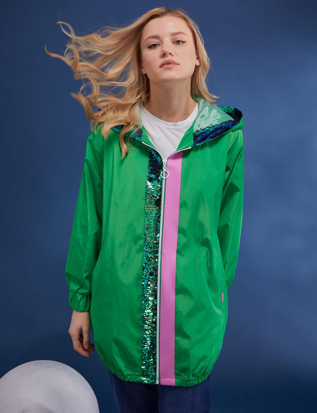 Sequin Detailed Hooded Jacket Clover Green
