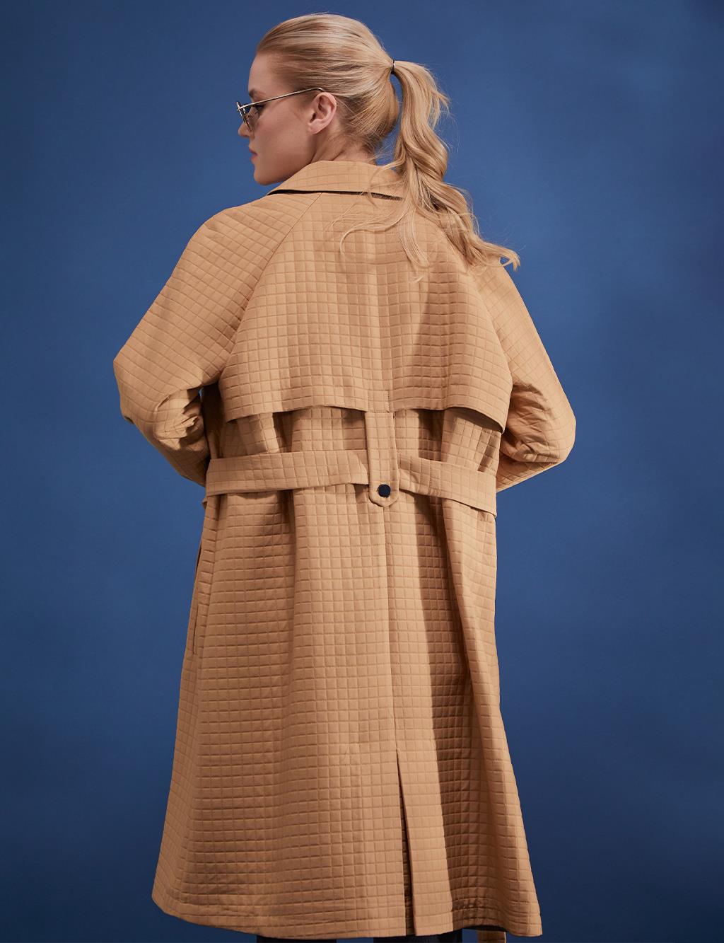 Snap Closure Quilted Trench Coat Camel