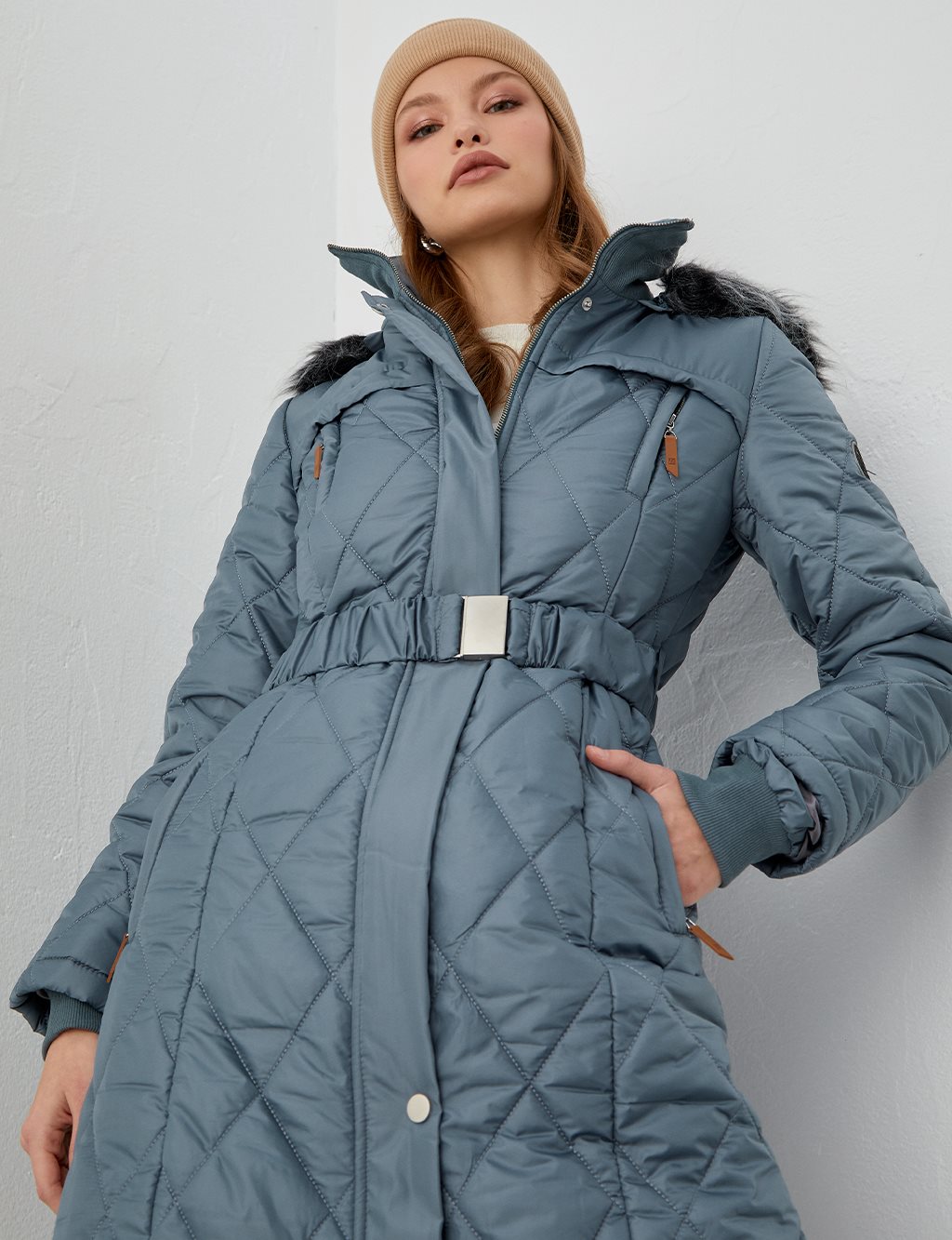 Diamond Patterned Quilted Inflatable Coat Teal