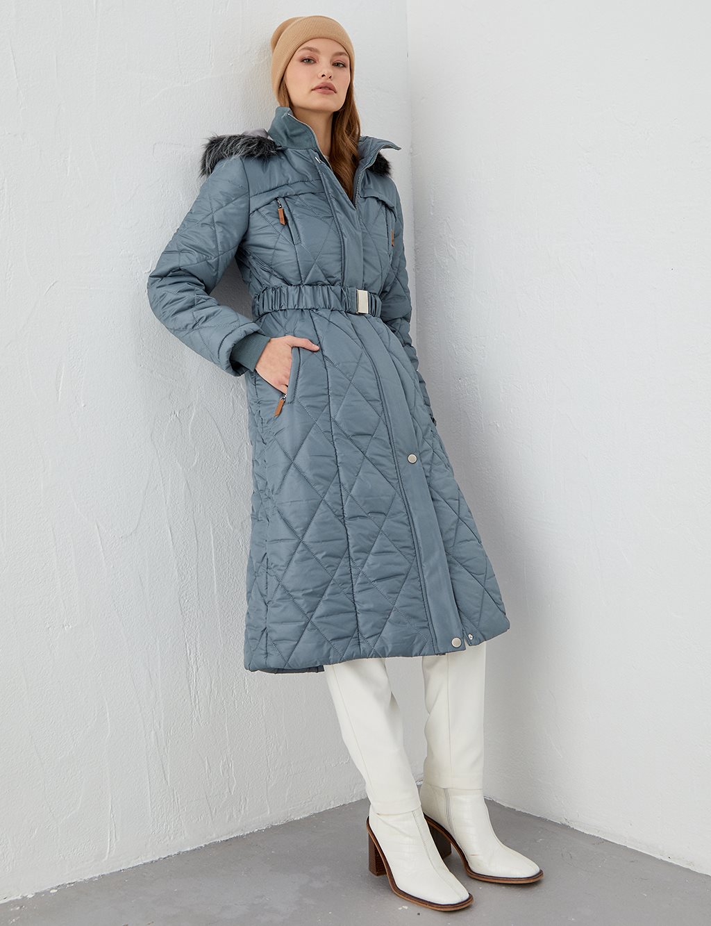 Diamond Patterned Quilted Inflatable Coat Teal